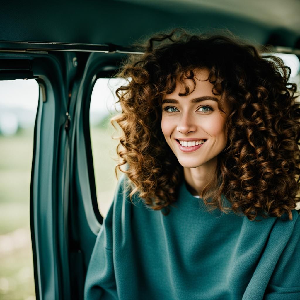 Woman with Brown Curly Hair Inside a Van