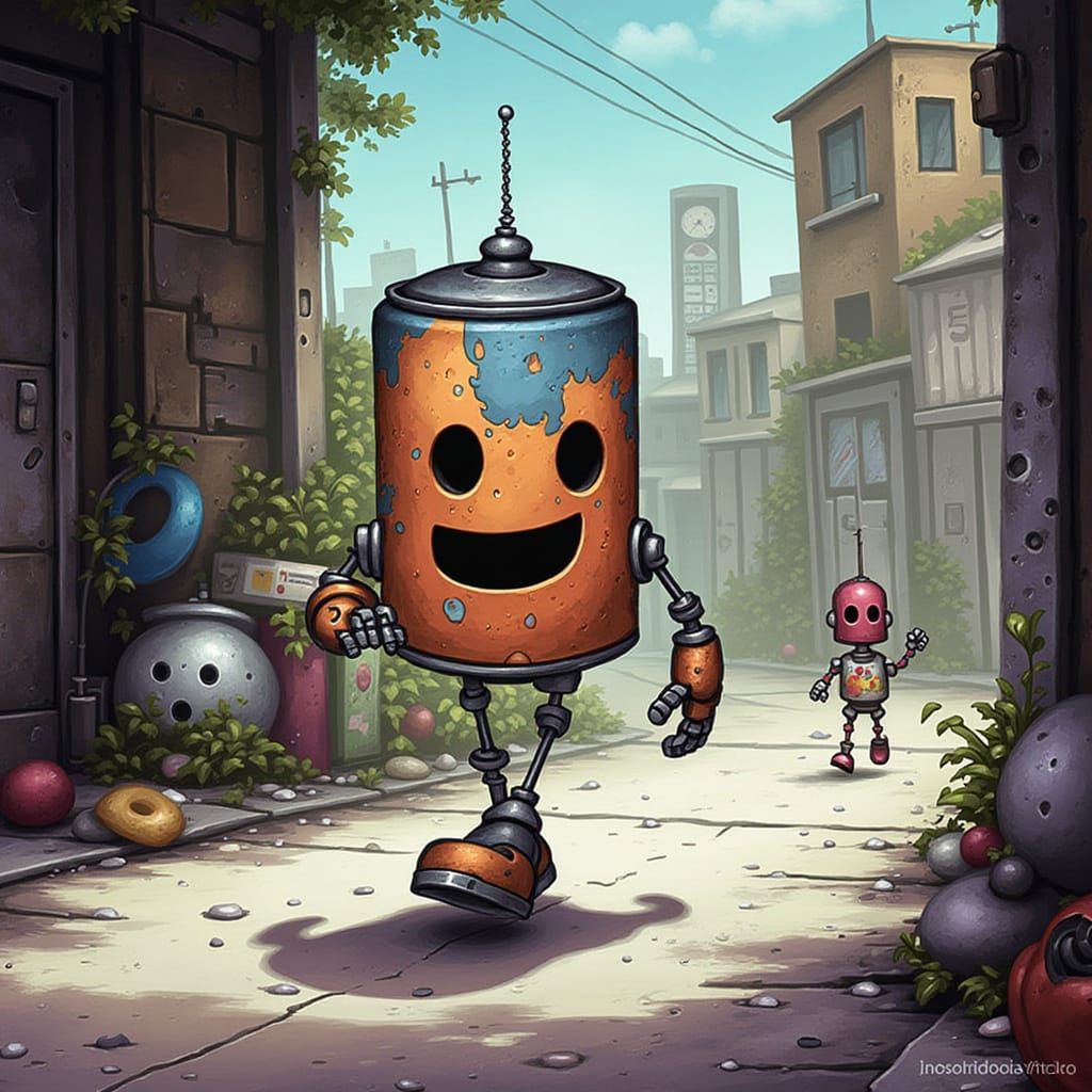 Urban Robot Chases Boy on City Sidewalk in Comic Style