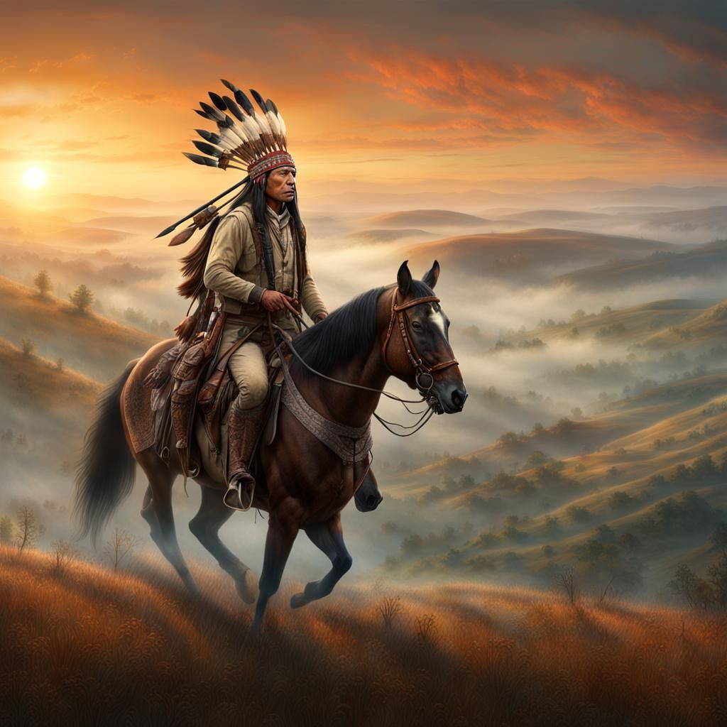 Native American Hunter at Sunrise in Foggy Hills
