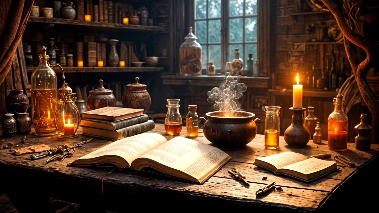 Cozy Wizard's Study with Bubbling Potion and Candlelight