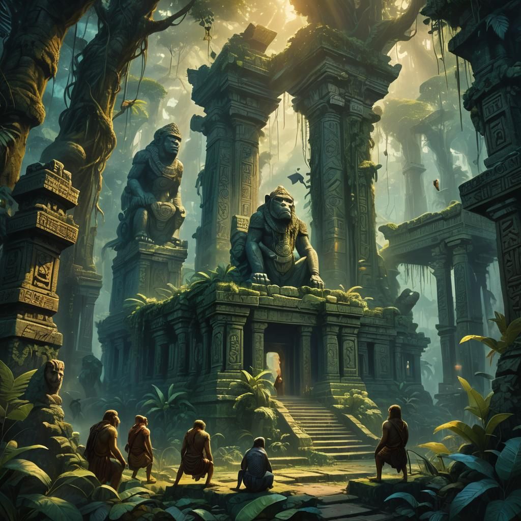 Mystical Jungle Ruins with Ancient Statues, Fantasy Art