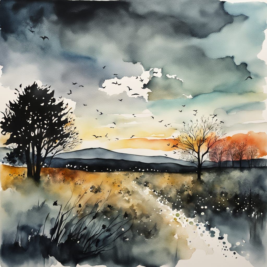 Watercolor Ink Art: Dusk Softens Countryside