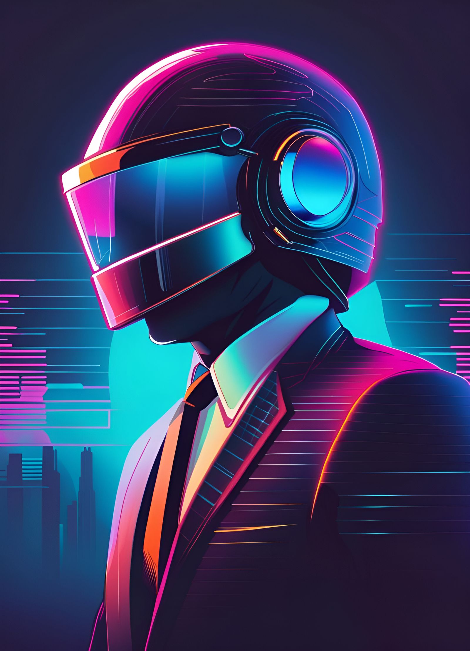 Helmeted Man in Suit: Synthwave Vector Art