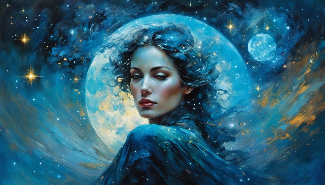 Moon Goddess Portrait with Iridescent Nebula