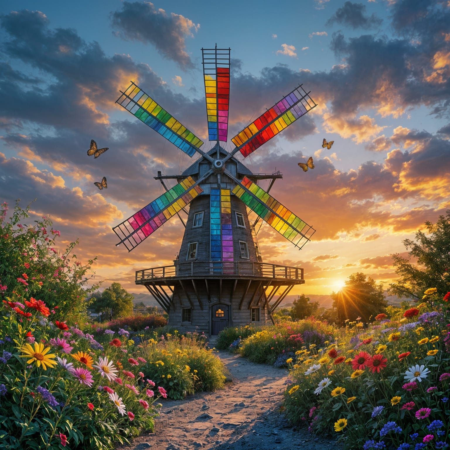 Rainbow Windmill Garden at Vibrant Sunset Fantasycore Art