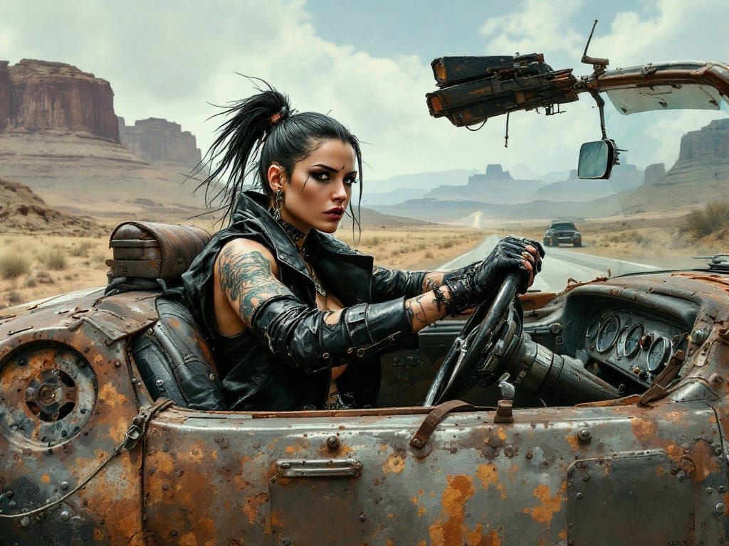 Punk Woman Drives Modified Car in Apocalyptic Wasteland