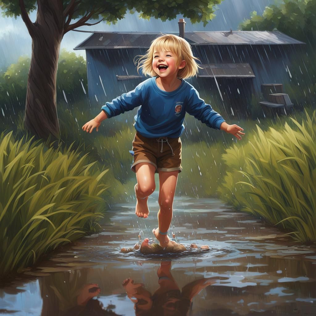 Child's Playful Moment in a Rainy Puddle