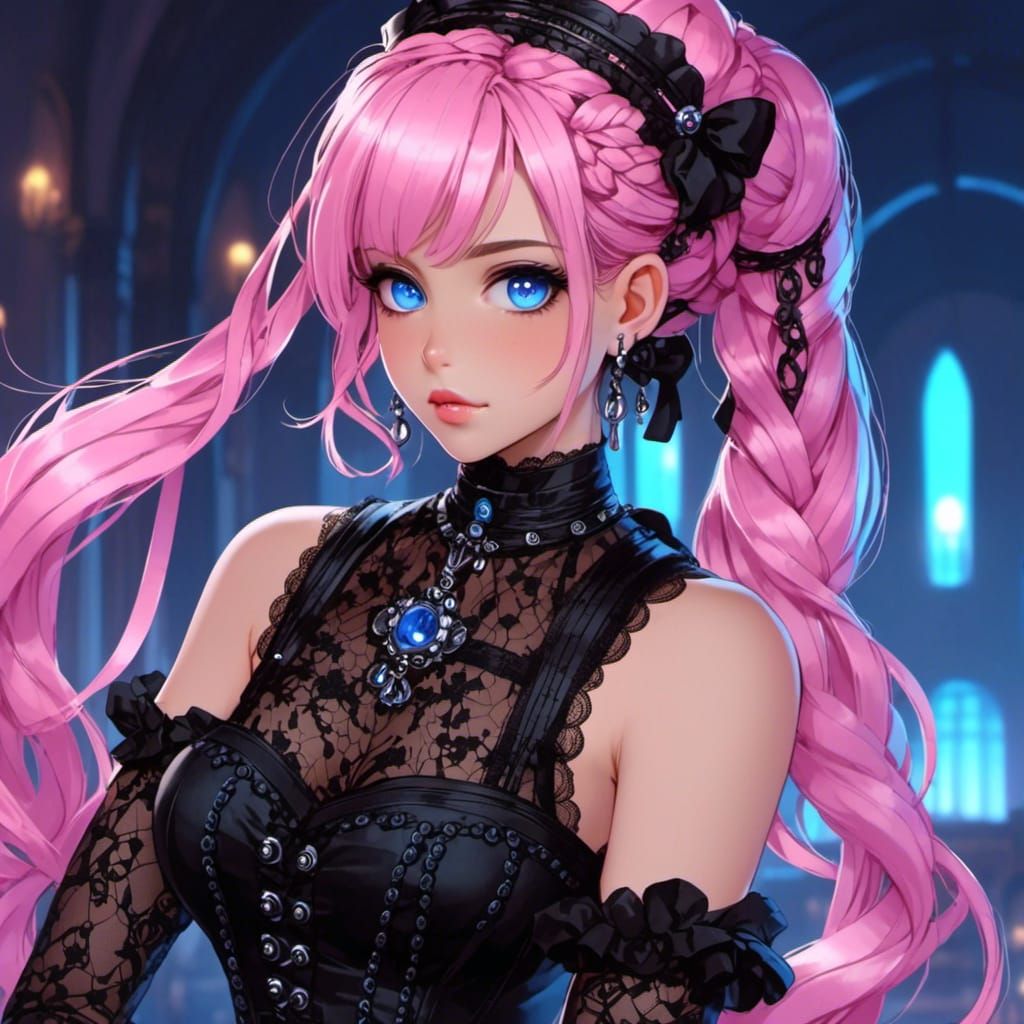 Dieselpunk Anime Girl with Braided Hair in Lace Dress