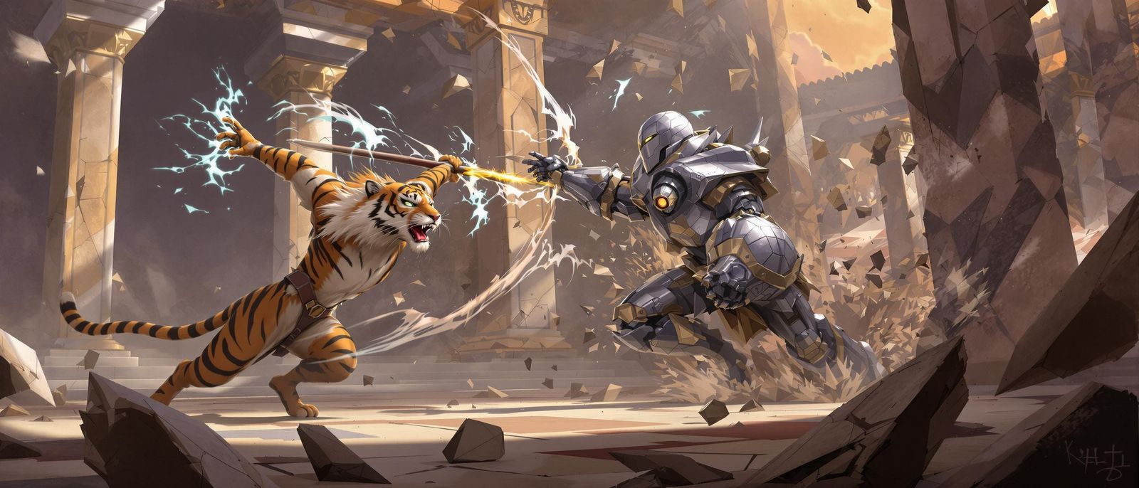 Tiger Warrior Strikes Robot in Tekken-Style Arena