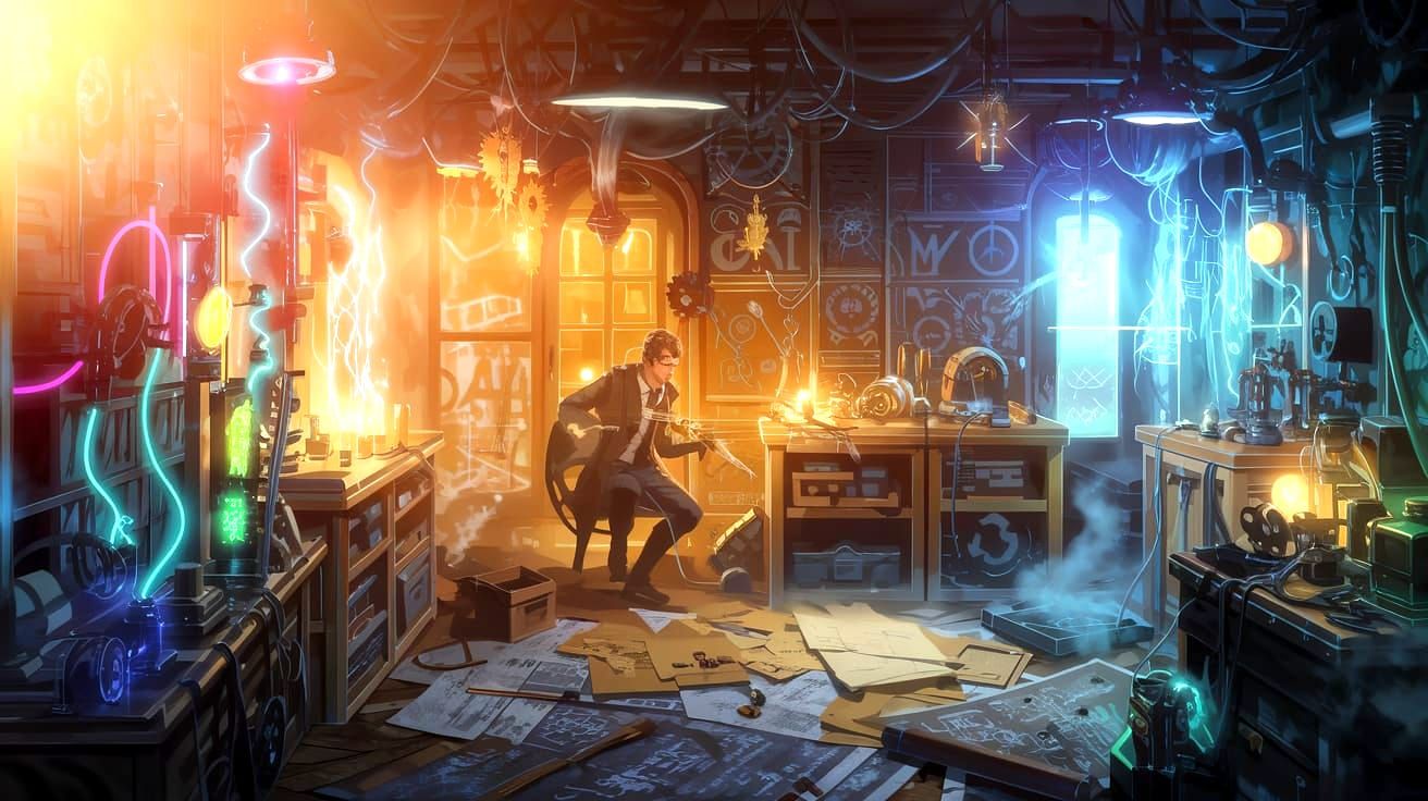 Steampunk Inventor in a Golden Workshop