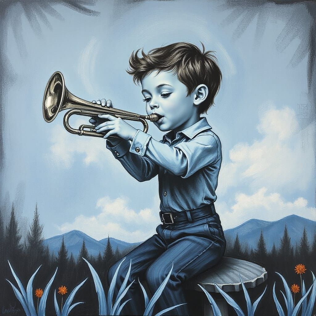 Little Boy Blue Blowing His Horn