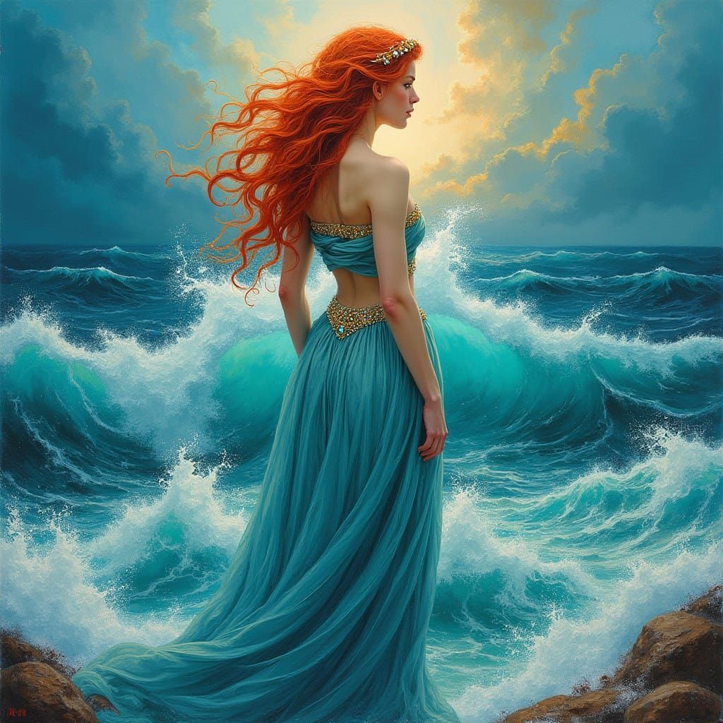Mystical Goddess of the Turbulent Ocean in Vibrant Blues and...