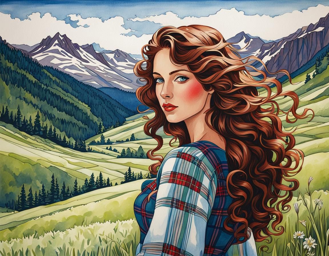 Woman in Meadow, Mucha-Style Cel-Shaded Ink Drawing