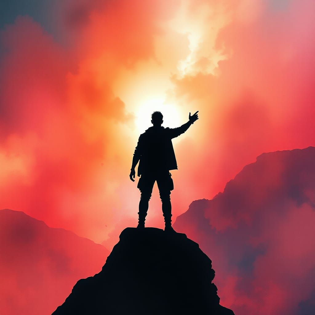 Heroic Silhouette in a Mystical Watercolor Realm