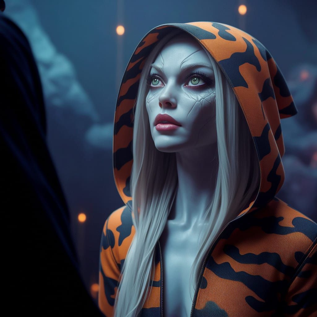 Ethereal Alien Goddess in Blaze-Orange Ritual Attire