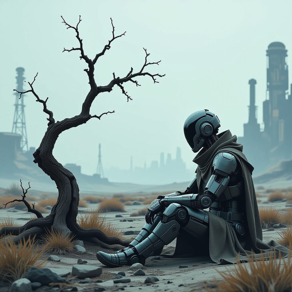 Cyborg's Melancholy: A Desolate Landscape in Sci-Fi Style
