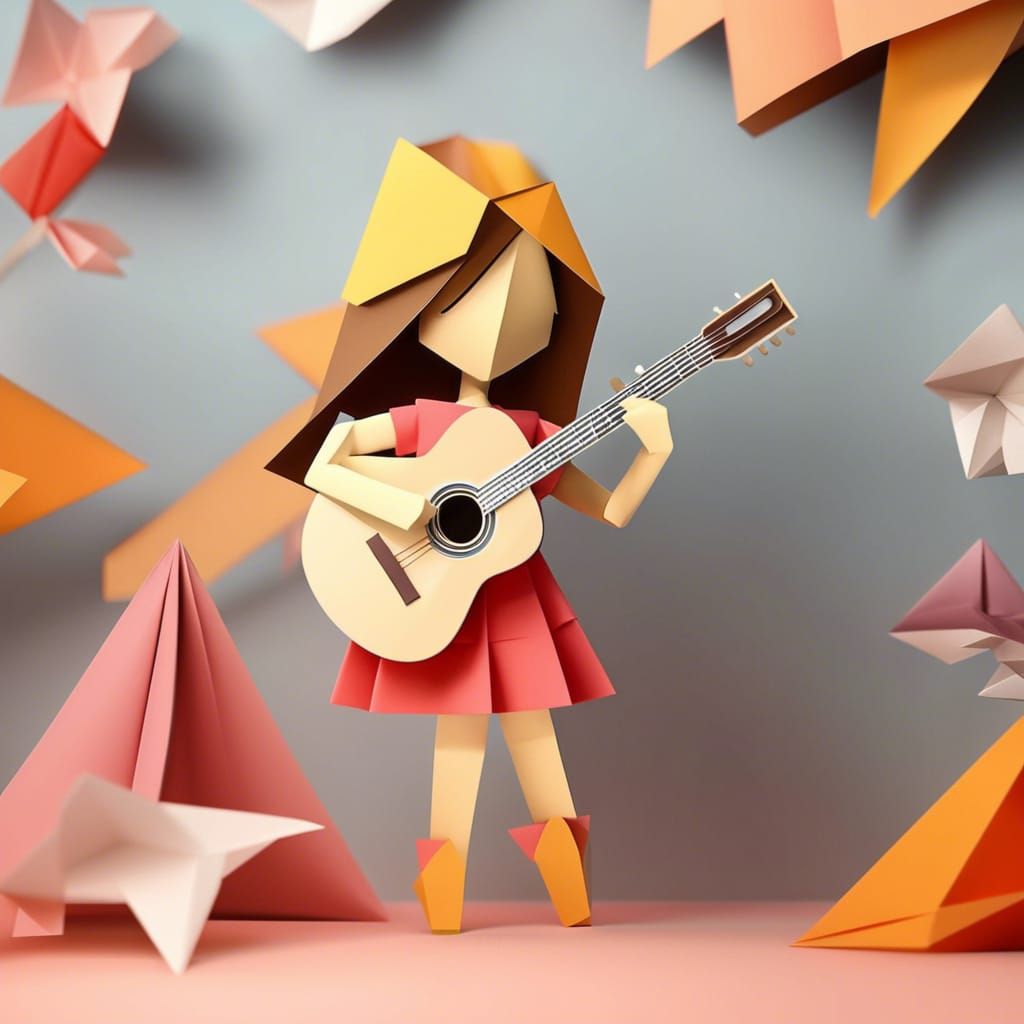 Origami Girl Playing Guitar in Papercraft Style