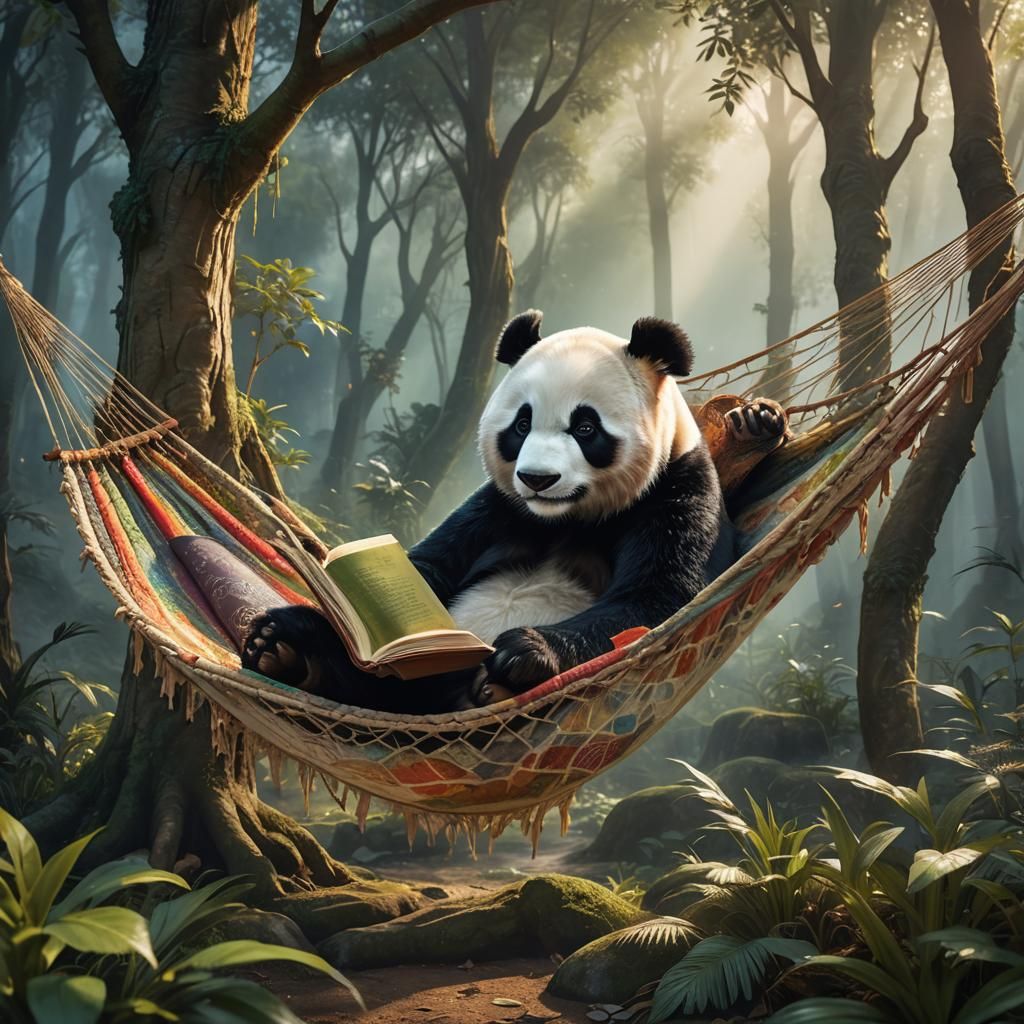 Panda Bear Reading in Hammock: Fantasy Art