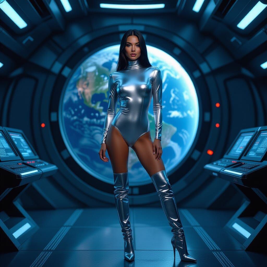 Athletic Model on Starship Bridge in Silver Bodysuit