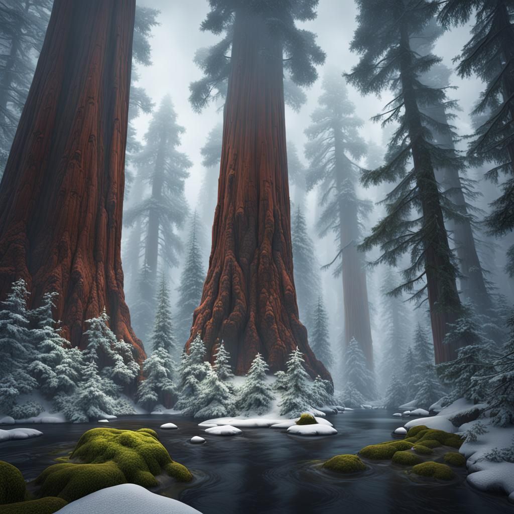 Redwood Forest During Blizzard: Detailed Matte Painting