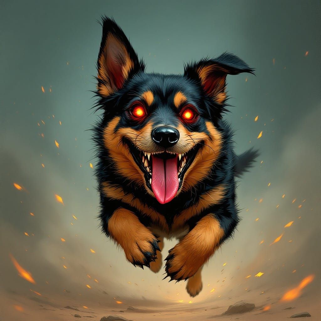 Dark Fantasy Huntaway Dog with Red Eyes