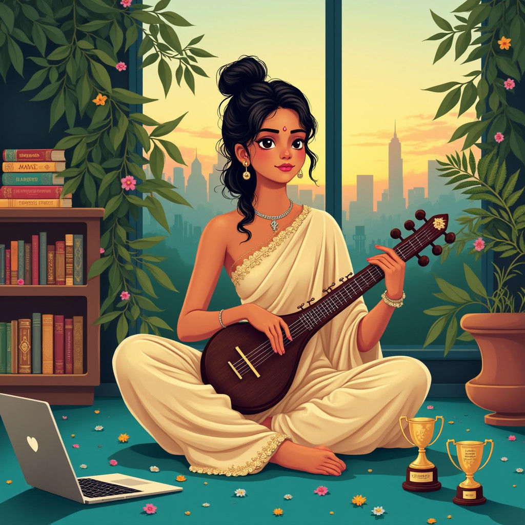 Woman with Veena and Laptop at Sunset