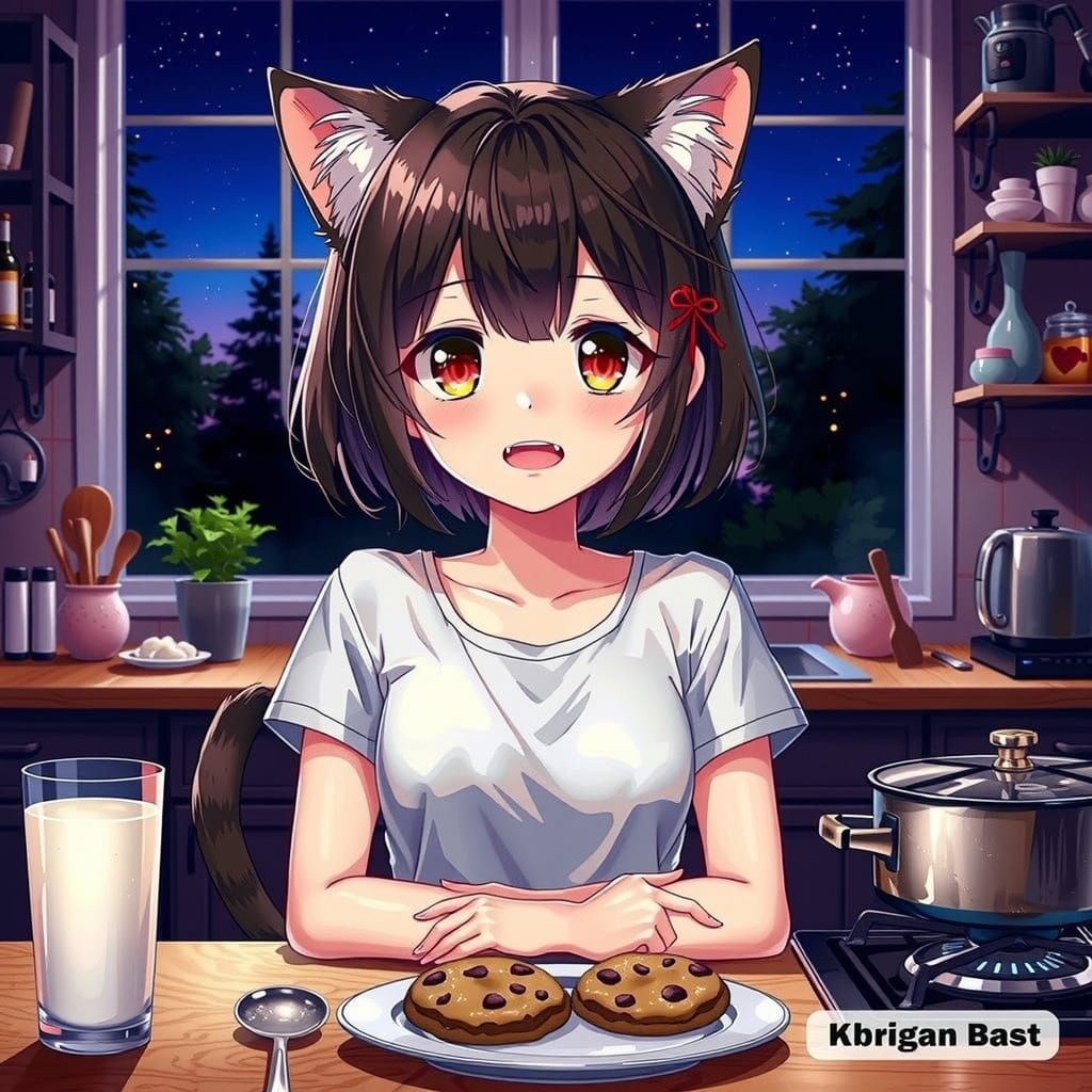 Anime Girl with Cat Ears in Cozy Kitchen