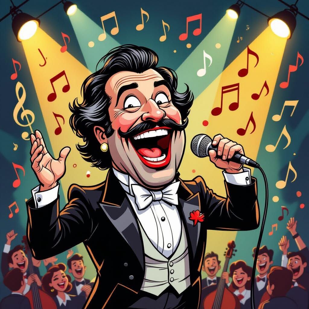 Caricature Opera Singer Belting Tune with Musical Notes
