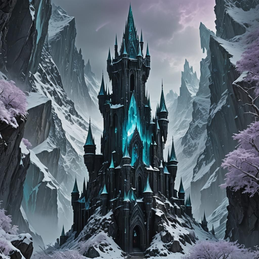 Icy Black Tower in Dark Fantasy Landscape