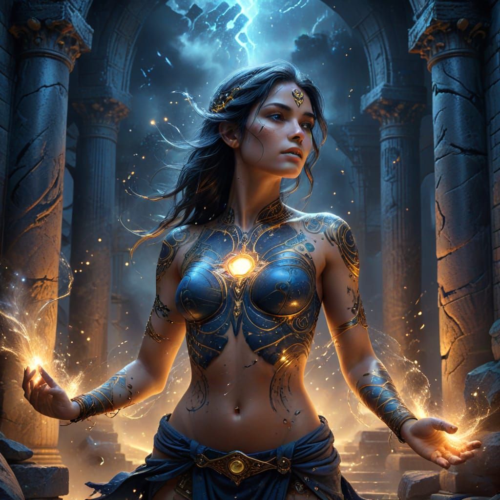 Woman With Glowing Celestial Tattoos in Ancient Ruins
