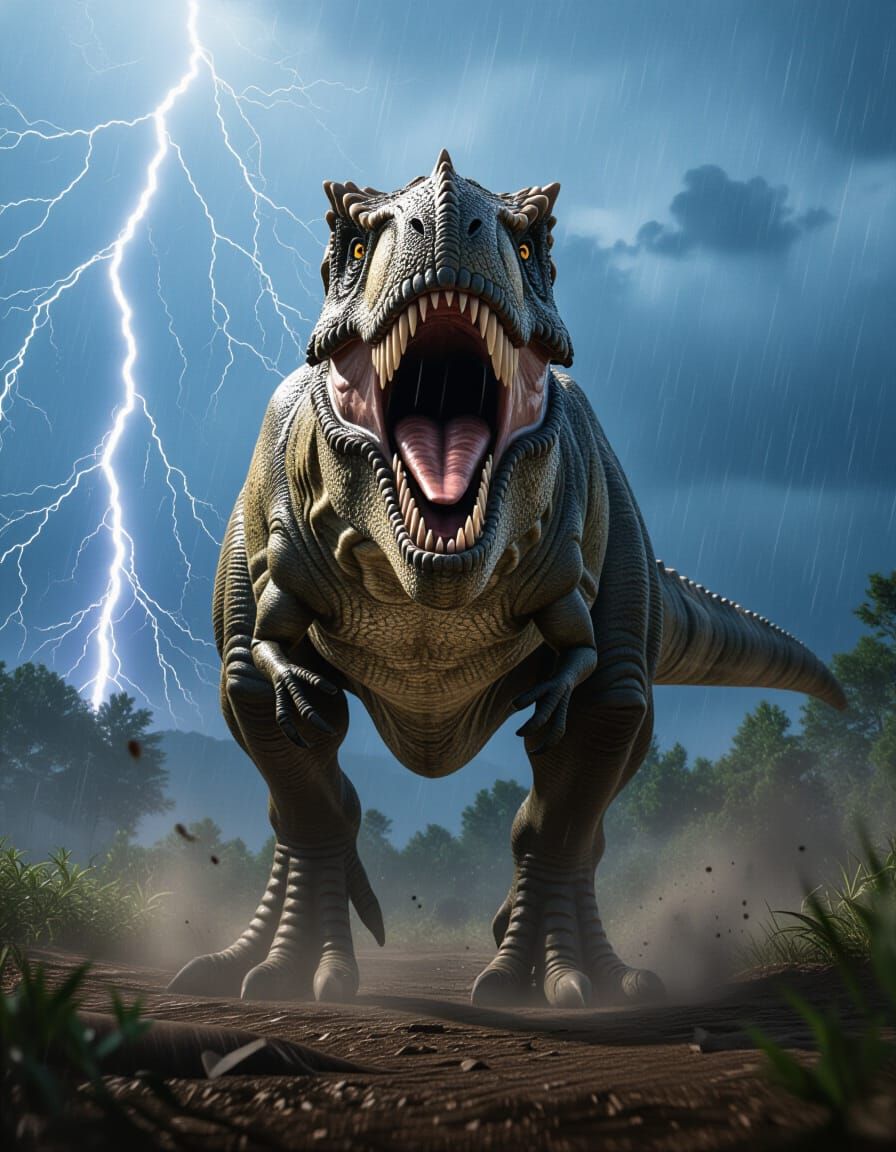 Terrifying T. Rex Roaring in Prehistoric Storm