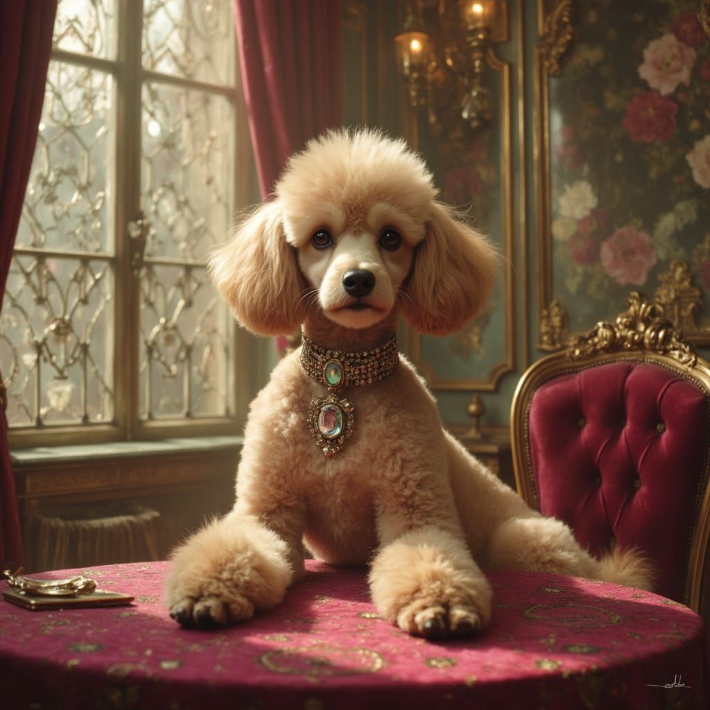 Regal Poodle in Parisian Salon, Painterly Style