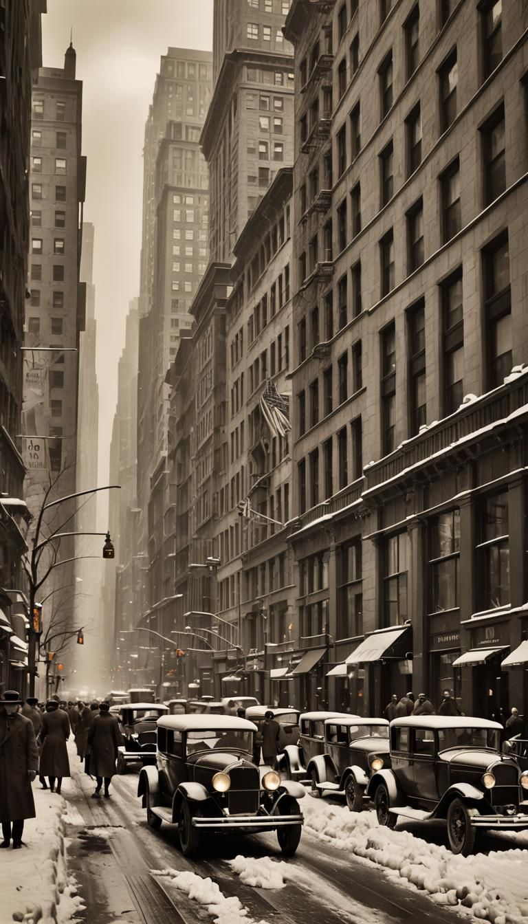 Winter 1920 New York street scene, old cars, Art Deco skyscr...