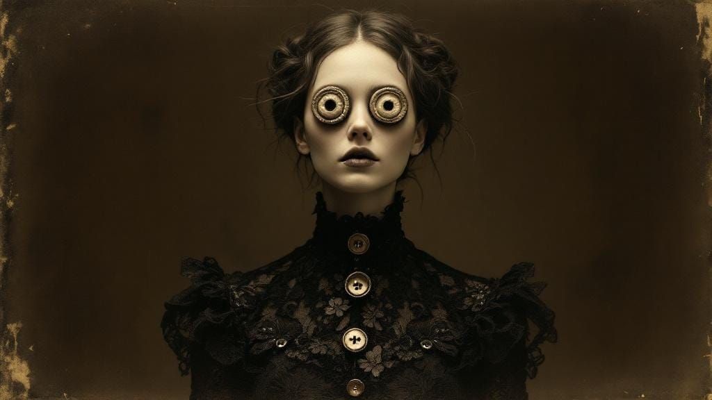 Woman with Button Eyes in Gothic Atmosphere