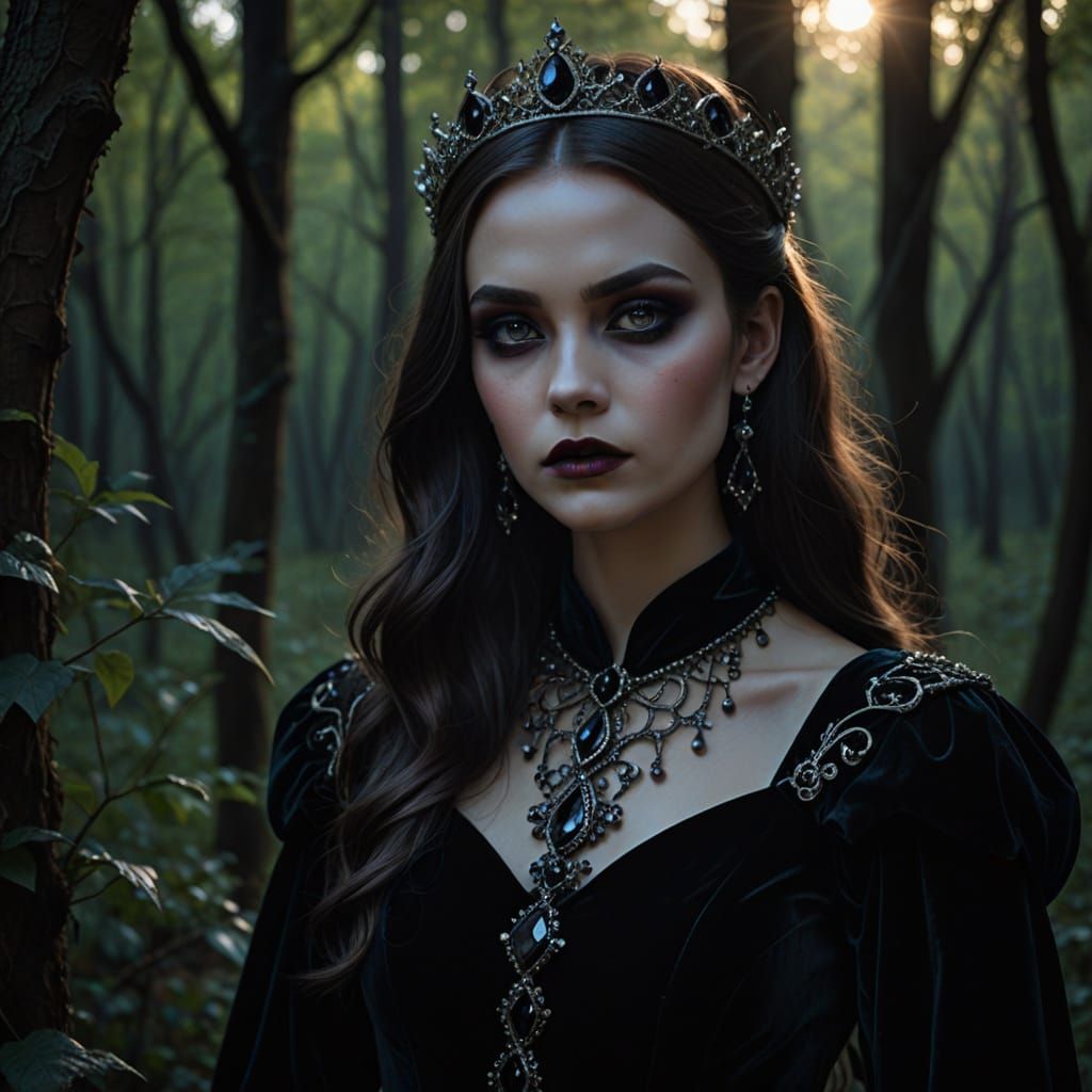 Gothic Princess in Dark Velvet Gown Adorned with Glowing Ony...