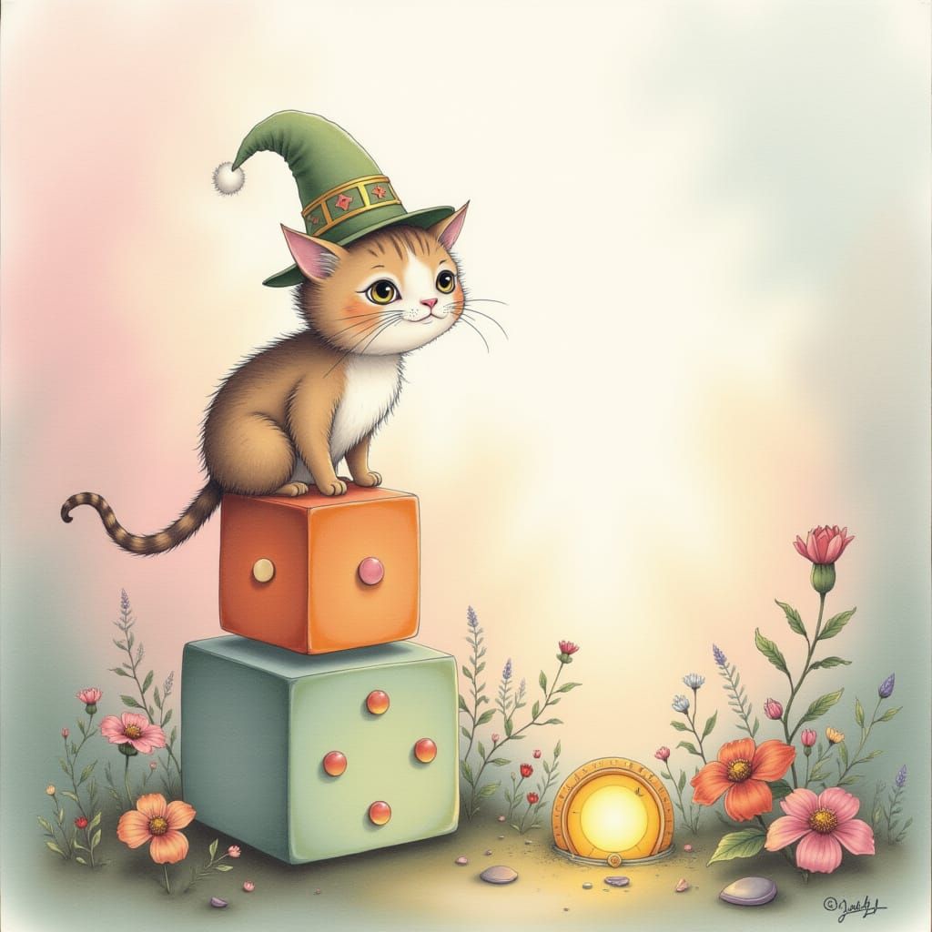 Whimsical Cat Jester on Dice Gazes at Glowing Portal