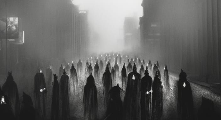 Ghoulish Figures Haunt City: Hyperdetailed Charcoal Drawing