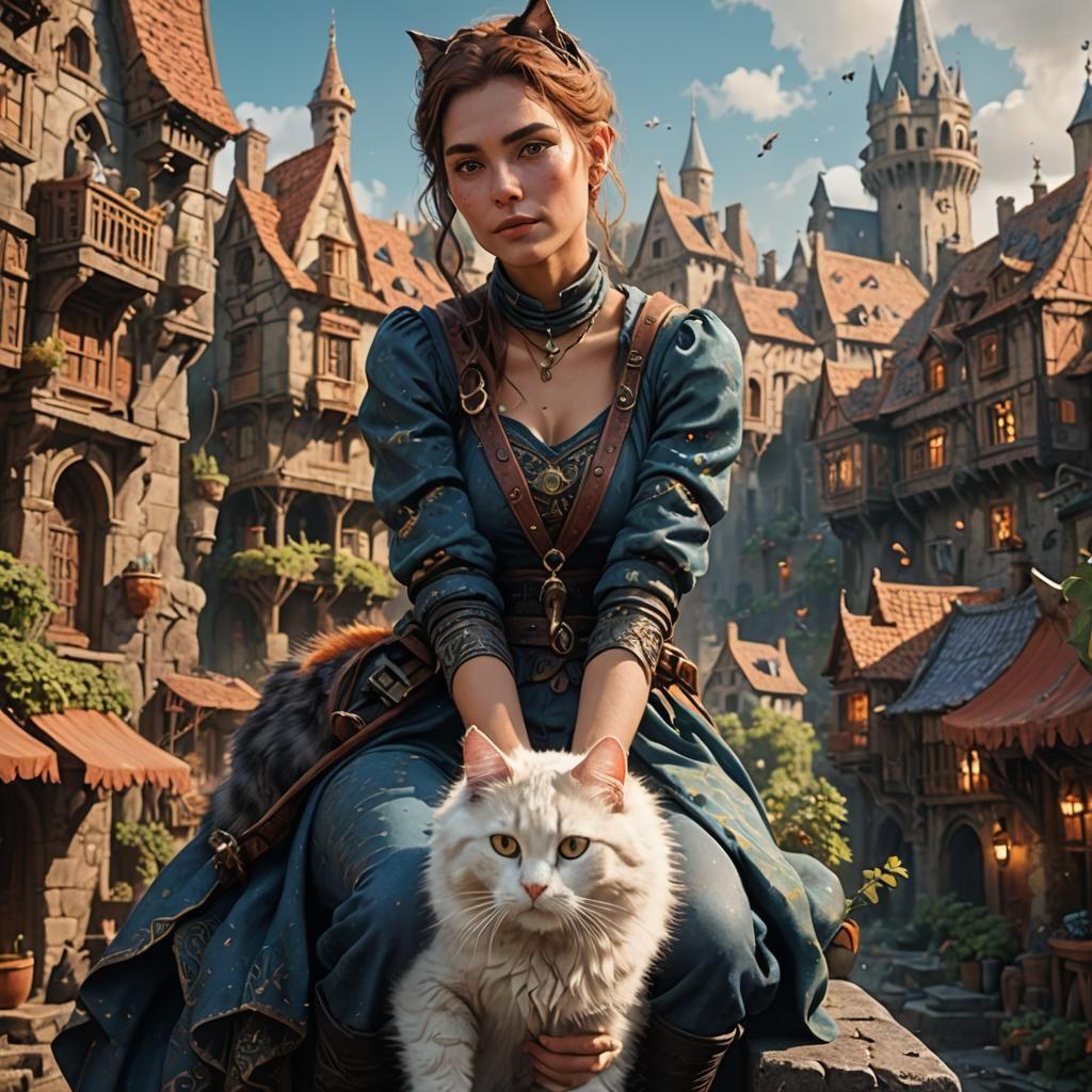 Woman with Cat, Detailed Fantasy Art