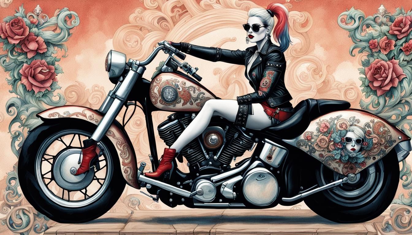 Rococo Harley Quinn on Motorcycle in Hyperdetailed Photo