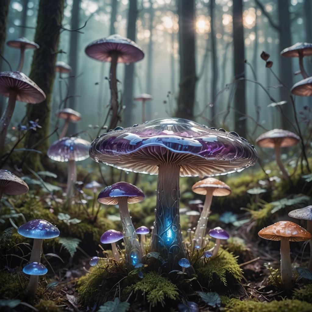 Glowing Glass Mushroom in Misty Forest: Fantasy Art