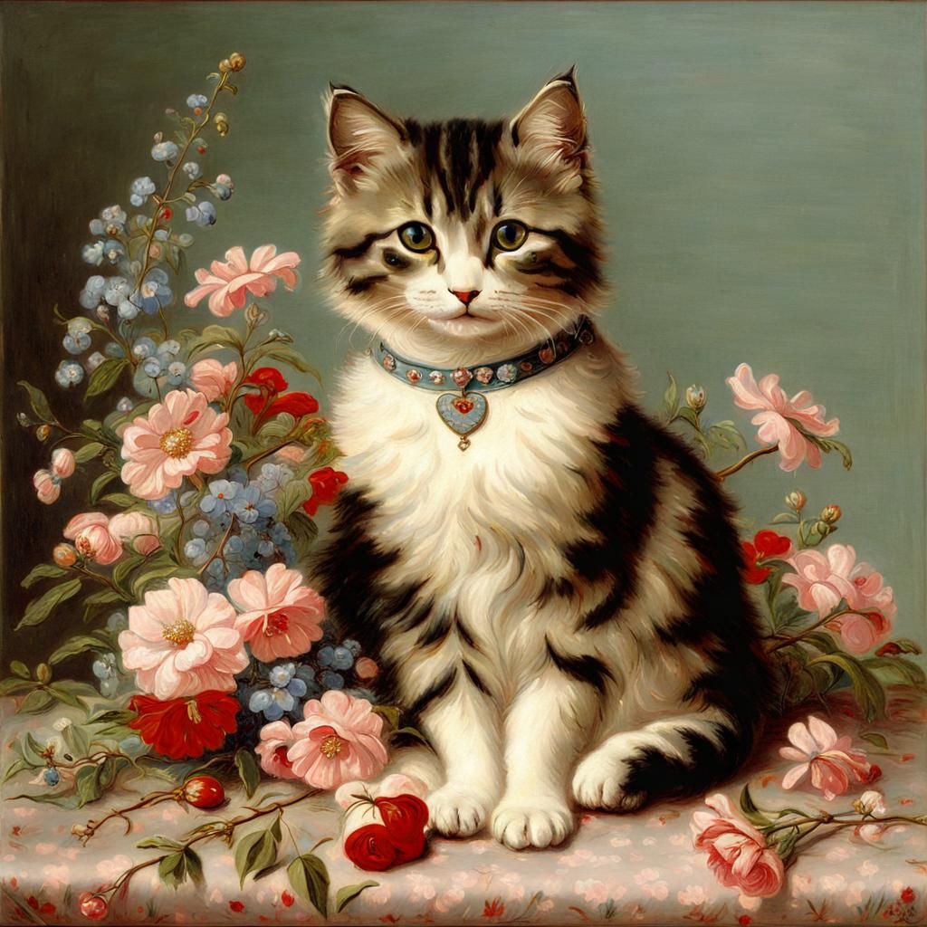 Cute Cat Surrounded by Flowers in Realism Style