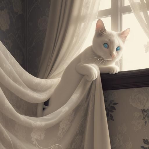 White Cat Climbing Curtains in Sepia