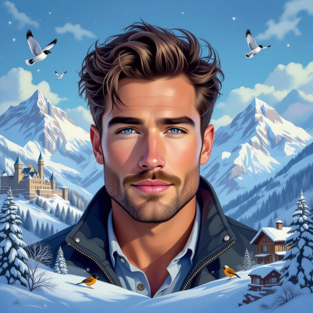 Blue-Eyed Man in Snowy Mountain Landscape