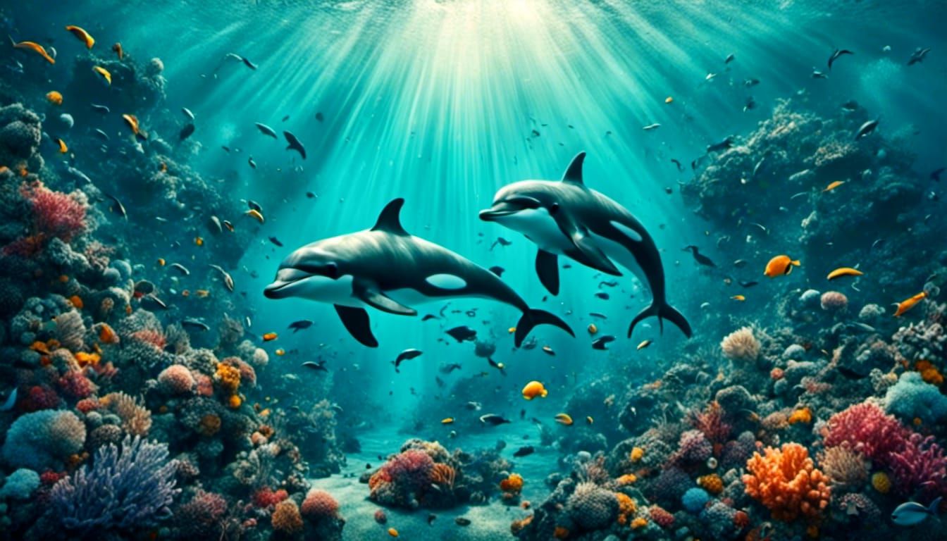 Art Deco Porpoises in Underwater Scene