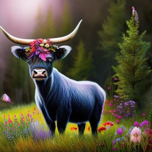 Cute Scottish Highland Cow with flowers