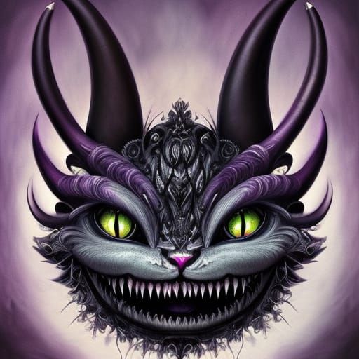 Detailed Black Demon Cheshire Cat in Rococo Style