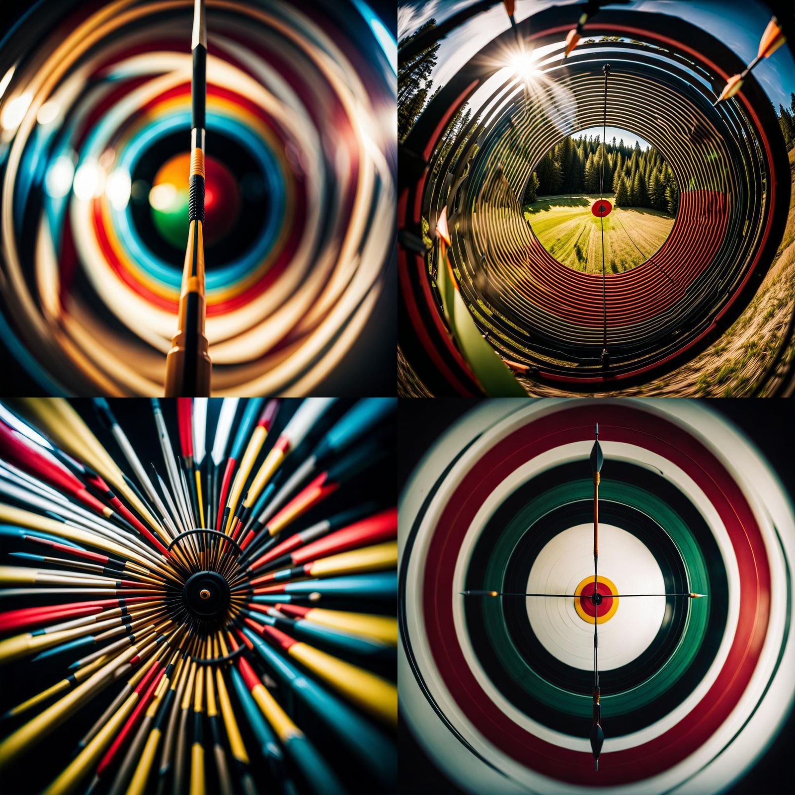 "Fish eye lens shot from behind an archery arrow thats in mo...
