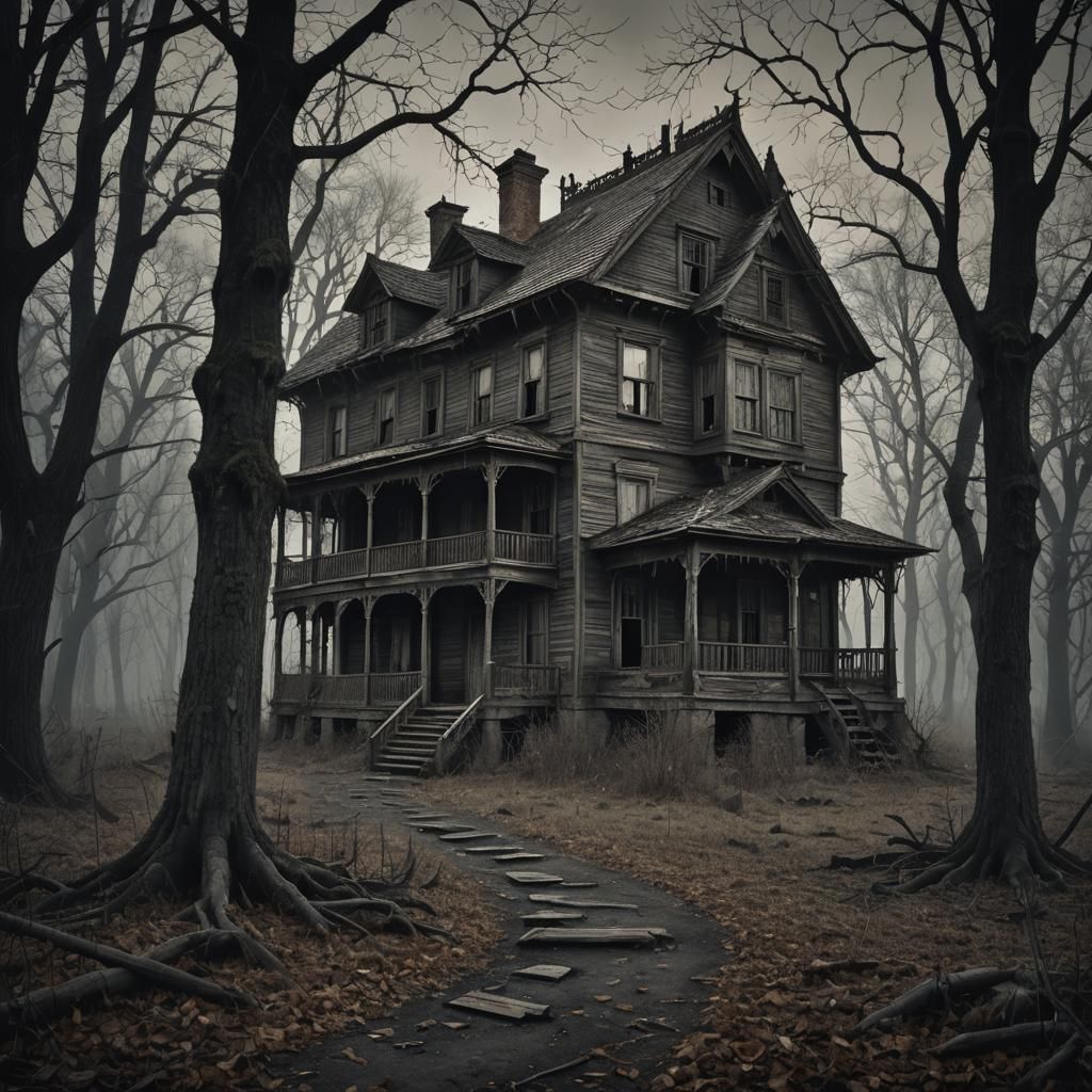Sinister Haunted House in Dark Ominous Woods