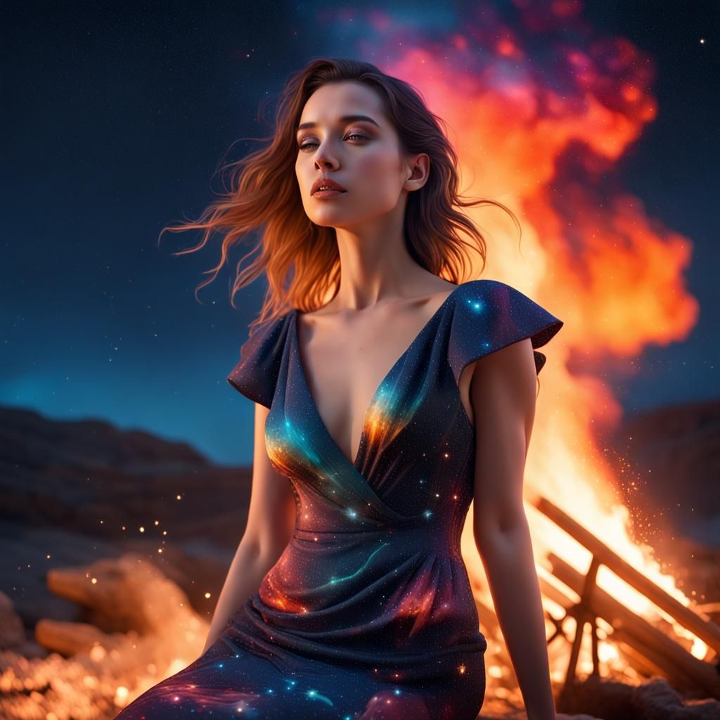 Sensual Woman Under Meteor Shower in Hyperrealistic Style