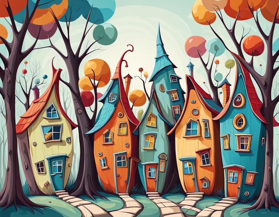 Whimsical Cartoon Houses and Trees in Abstract Art
